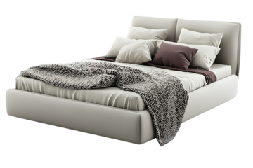 Minimalist bedroom interior, modern furniture a bed with blanket and pillows, isolated on transparent background