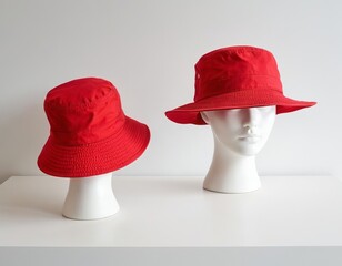 Elegant red bucket hats displayed on minimalist white mannequin heads.