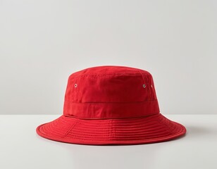 A vibrant red bucket hat displayed on a minimalist surface.