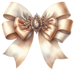 Luxurious champagne-colored satin bow adorned with an ornate gold brooch and pearls. Perfect for elegant designs, fashion prints, digital art, and decorative projects.