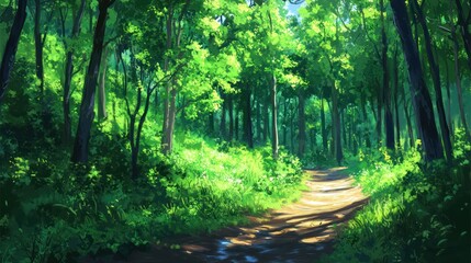 Obraz premium Sunlit Path Through Lush Green Summer Forest