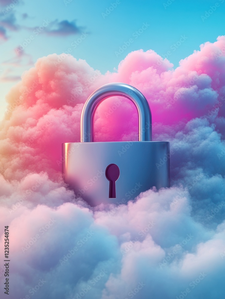Poster cloud storage security concept with padlock and colorful clouds