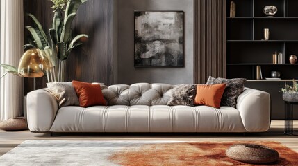 Luxury living room interior with beautiful couch, pillows, rug and other items. Design concept. 3D Rendering