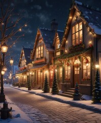 Fototapeta premium festive Christmas village with decorated houses and shops, Christmas scene, Christmas village