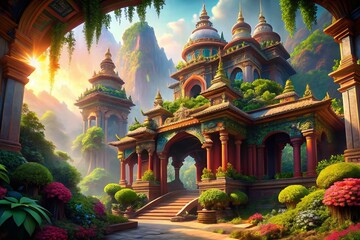 Fototapeta premium Artistic Temple Arches in Vibrant Landscape: Painted Stone Gateway Photography