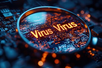 Magnifying Glass Highlighting Virus Amid Digital Code in Cybersecurity Context