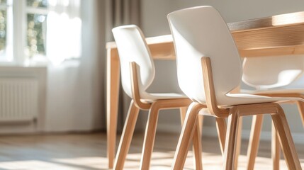 Sunny dining room, modern chairs, wooden table, window light