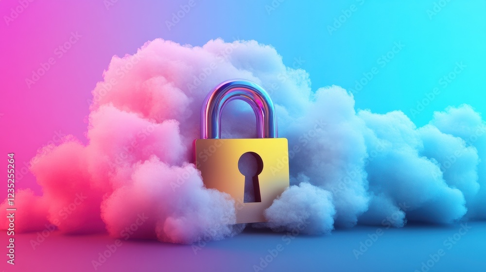 Poster cloud storage security concept with padlock and colorful clouds