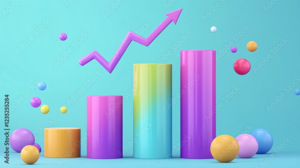 Poster set of cute colorful bar graph with arrow up. 3d cartoon animation style.