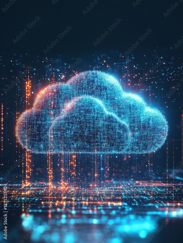Poster minimalist graphic of a digital cloud with data streams, symbolizing cloud computing, remote storage