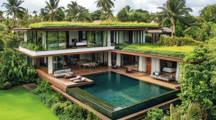 Fototapeta premium Luxurious Green Roofed Villa With Infinity Pool