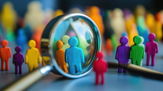 Searching for the Right Talent: Magnifying Glass and Colorful Figures Representing Recruitment Process
