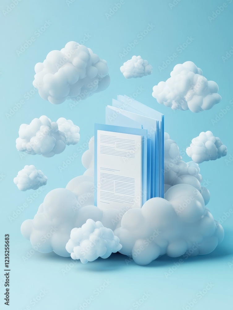 Poster 3d illustration of blue and white clouds surrounding a document, representing cloud storage and docu