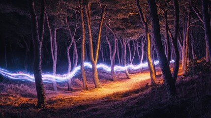 Light Trails Winding Through A Night Forest