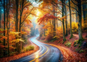 Autumn Forest Road in Vibrant Foliage - Double Exposure Photography