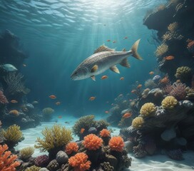 Obraz premium Fish swimming amidst ocean waves with coral and seaweed , waves, ocean habitat