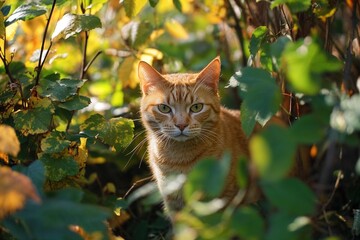 Curious Ginger Cat Nestled Among Golden Autumn Leaves in Sunlight