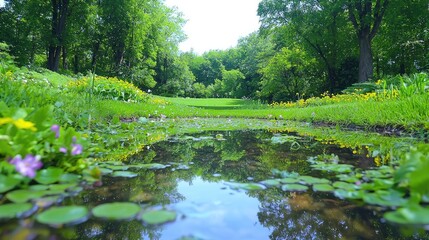 Fototapeta premium Tranquil garden pond, lush greenery, sunny day, idyllic scene, nature photography