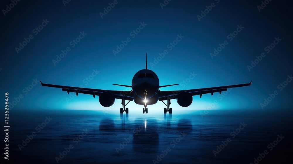 Poster silhouette of an airplane illuminated against a dark background at twilight. generative ai