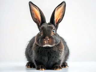 Obraz premium Black Rabbit Portrait, White Background, AI Photo, Cute Bunny, Studio Shot