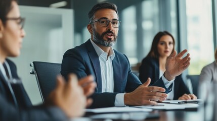 Mature mentor manager speaking at executive team meeting in boardroom. Male leader training executive team at board briefing. Multicultural professional business people discussing strategy in office