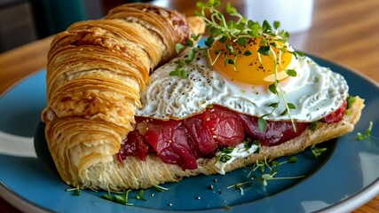 Delicious breakfast croissant topped with sunny side up egg and fresh greens in a cozy cafe setting