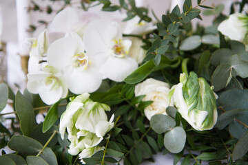 Obraz premium elegant stylish bridal bouquet wedding bouquet in white and green tones contains roses, orchids, eucalyptus branches