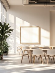 Light designer meeting room interior with furniture, empty mock up presentation frame and daylight. 3D Rendering