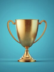 A shiny gold winner's cup with glitter on a blue background symbolizes victory and success in competition