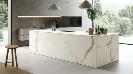 Modern Kitchen Island with Marble Countertops and Minimalist Design