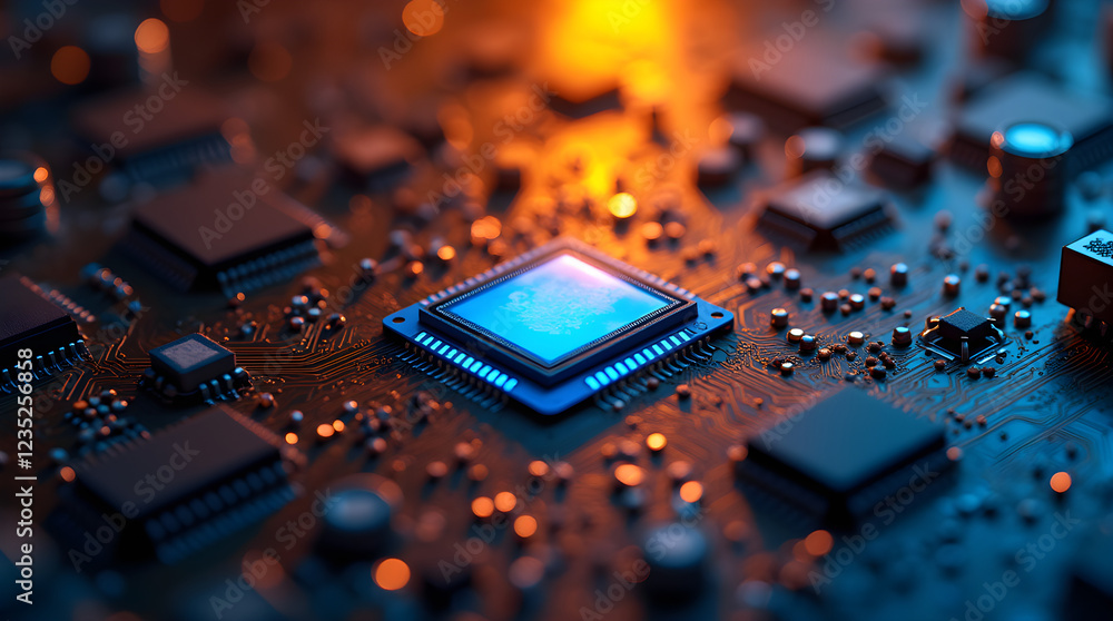Poster high-tech microchip on circuit board close up: advanced technology, electronics, semiconductor, comp