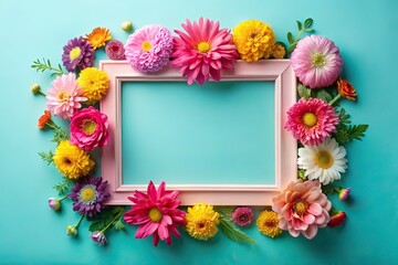 Blooming Flowers Around Pink Frame, Pastel Background, Empty Photo Frame