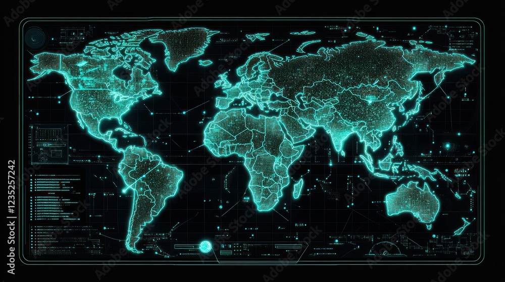 Poster Digital World Map Showing Global Network Connections