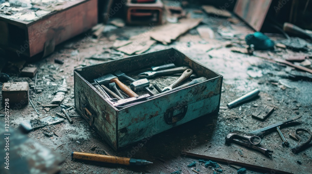 Poster old toolbox filled with various rusty hand tools