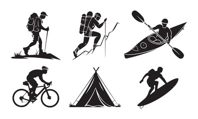 Fototapeta premium Outdoor Adventure Vector Icons - Hiking, Cycling, Kayaking, Surfing, and Camping