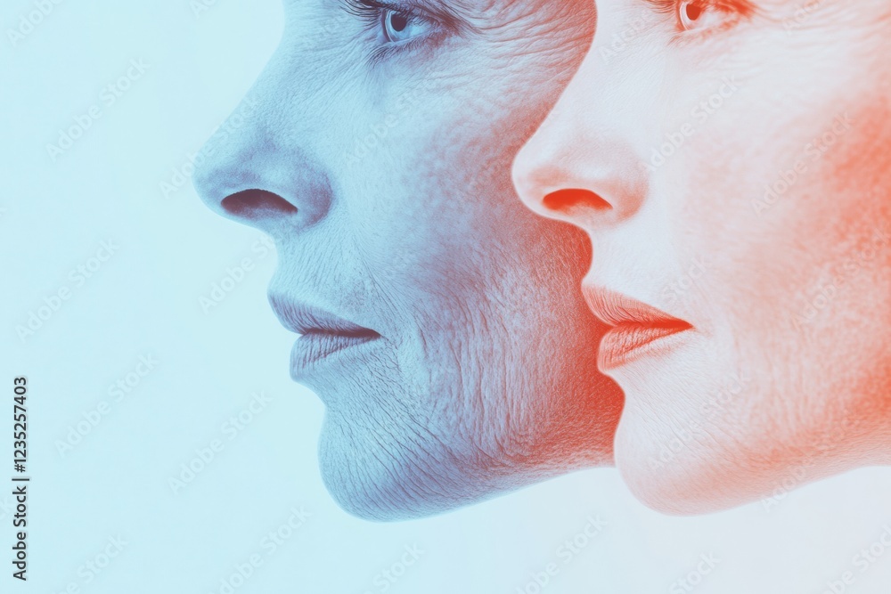 Poster contrast of youth and age with smooth and aged faces presented side by side in a thought provoking v