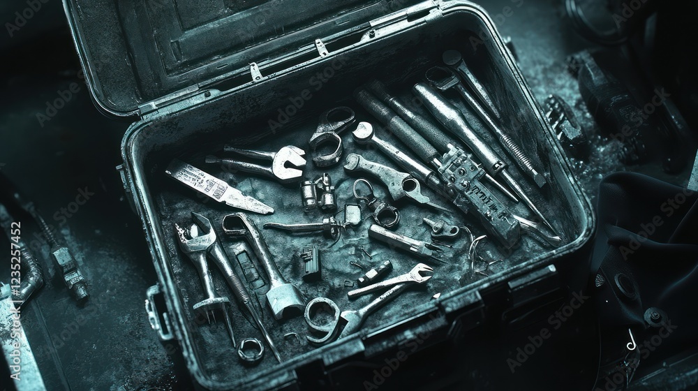 Poster A weathered toolbox filled with various rusty tools