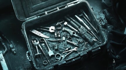 Fototapeta premium A weathered toolbox filled with various rusty tools