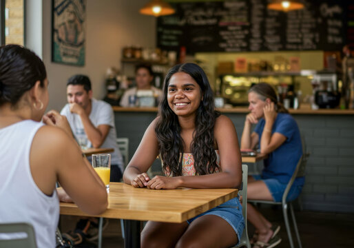 Friends enjoying a relaxed conversation at a cafe during a sunny afternoon.