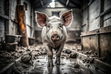 Fototapeta premium Black and White Pig in Muddy Pigsty: Rustic Farm Animal Documentary Photography