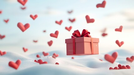 Mother's Day postcard with flying paper elements and a gift box on a white sky background, symbolizing love.