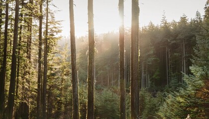 Obraz premium Golden Hour Sunlight Filtering Through Dense Forest Trees