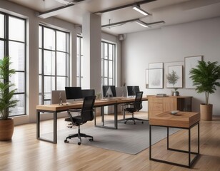 Formal corporate office space with modern furniture and wood accents in a minimalist setting ,  design,  office