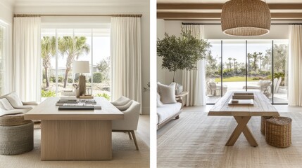 Light Filled Room With Modern Wooden Tables And Neutral Decor