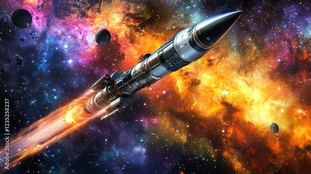 Poster spaceship soaring through a vibrant cosmic nebula
