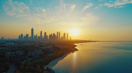 Fototapeta premium Panoramic Desert Skyline of Modern City with Skyscrapers under Blue Sky