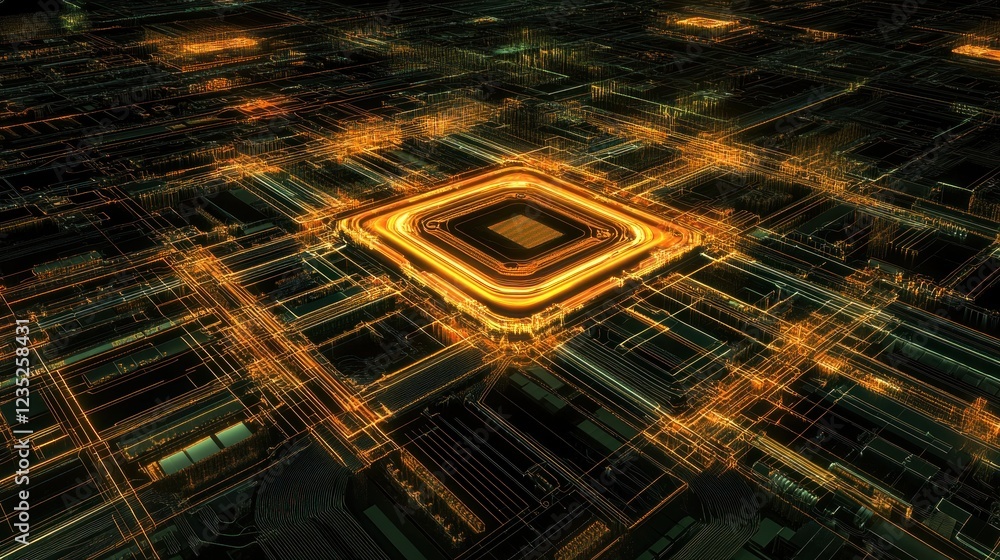 Poster Illuminated Circuit Board Showing Central Processing Unit