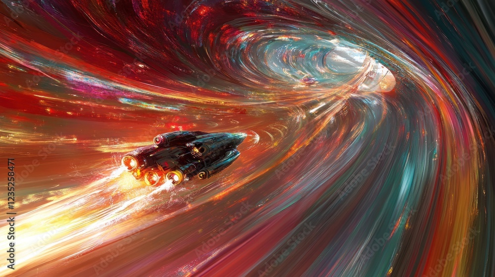 Poster spaceship navigating a colorful cosmic vortex