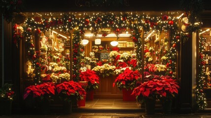 Festive Christmas Shop Window Display with Poinsettia Plants