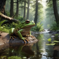 Fototapeta premium Frog in the forest near a stream with tall trees , nature, tree